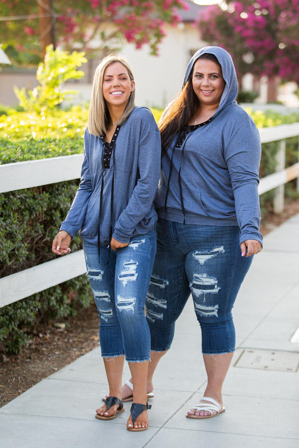 Chambray Lace Up Hoodie