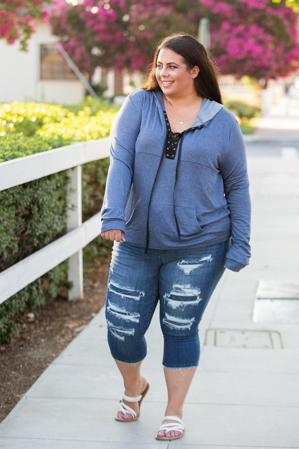 Chambray Lace Up Hoodie