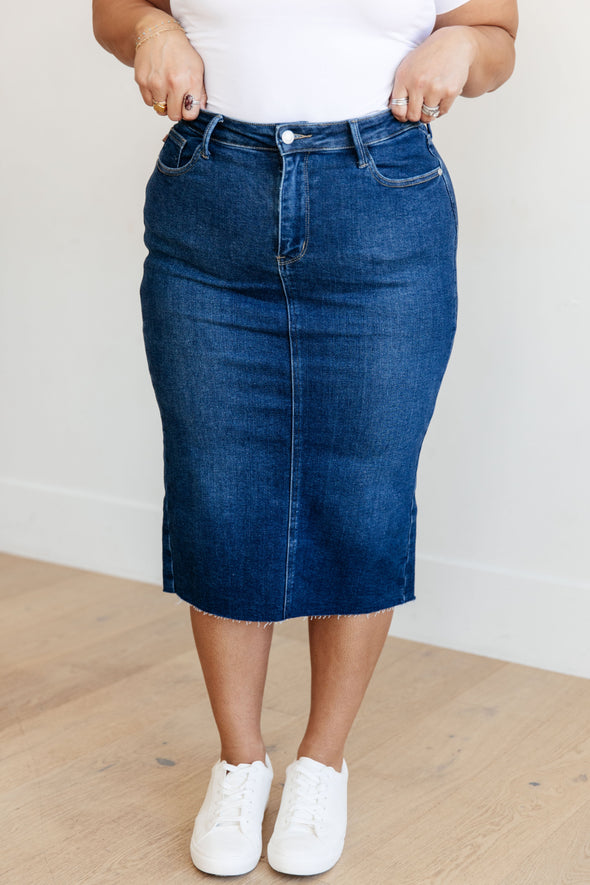 Marcy High Rise Denim Midi Skirt