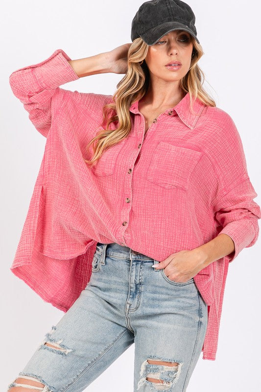 SAGE + FIG Frayed Hem Side Slit Button Down Shirt