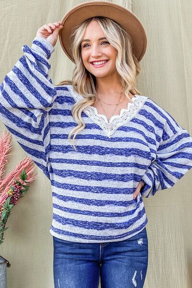 And The Why Striped Lace Detail V Neck Top