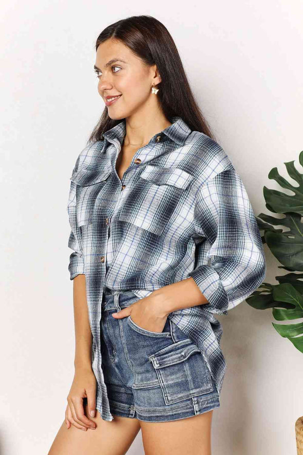 Double Take Plaid Dropped Shoulder Shirt