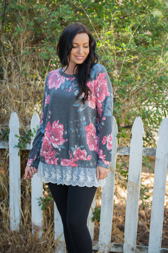 Ruffled in Floral Long Sleeve Pullover