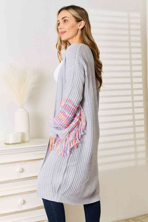 Woven Right Fringe Sleeve Dropped Shoulder Cardigan