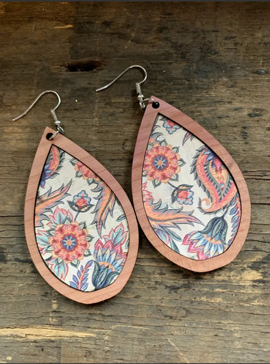 Wood Teardrop Earrings with Coral and White Floral Cork