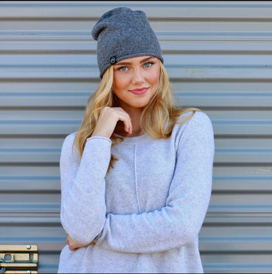 Rolled Edge Cashmere Beanie~Charcoal