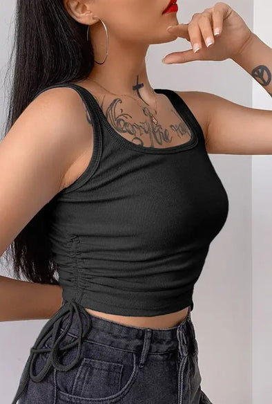 Lace up Square Collar Crop Top Black