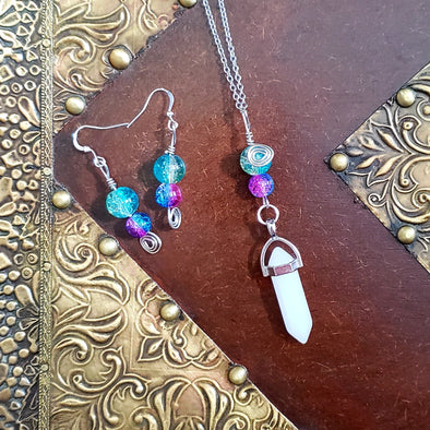 White Crystal Point Pendant Necklace Set Boho Hippie NewAge