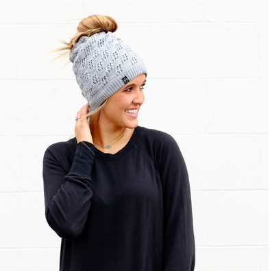 Winter Knit Peek-a-Boo Beanie - Light Gray