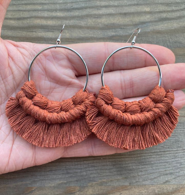 Large Round Fringe Earrings - Burnt Orange & Silver