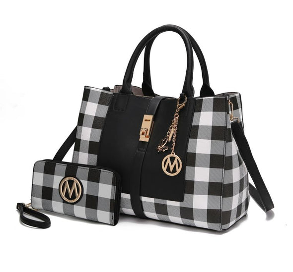 Yuliana Checkered Satchel Bag with Wallet - Black