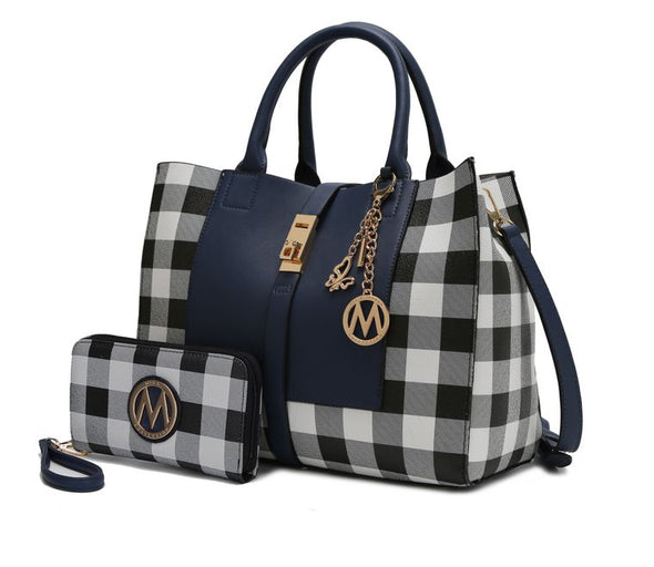 Yuliana Checkered Satchel Bag with Wallet - Navy